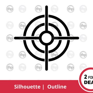 Puede incluir: Silueta en blanco y negro de un objetivo con tres círculos concéntricos y una mira. El objetivo está aislado sobre un fondo blanco.