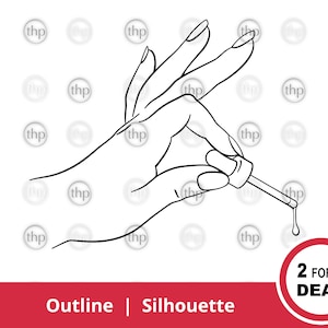 Puede incluir: Un dibujo en blanco y negro de una mano sosteniendo un frasco gotero. La mano sostiene el frasco con el pulgar y el índice, y el gotero apunta hacia abajo. El frasco está etiquetado con "2 por 1 Oferta".