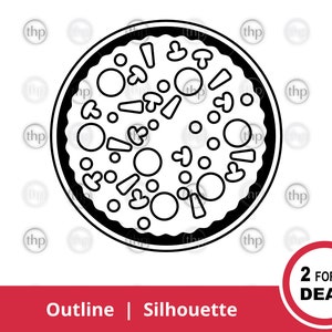 Op de afbeelding: Zwart-witte outline-illustratie van een pizza met verschillende toppings, waaronder champignons, pepperoni en kaas. De pizza heeft een ronde vorm en een dikke korst.