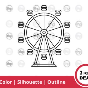 May include: Black and white line art illustration of a Ferris wheel with eight gondolas. The Ferris wheel is on a white background.