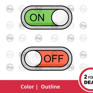 May include: Two toggle switch illustrations, one green with the word "ON" and one red with the word "OFF". The illustrations are outlined in black and have a white background.