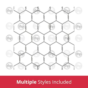 May include: A gray hexagonal pattern with zigzag lines connecting the shapes. The image has a white background with the text "Multiple Styles Included" in a red banner at the bottom. The letters "thp" are repeated in a circle pattern.