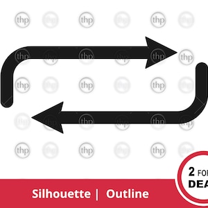 Puede incluir: Silueta negra de dos flechas apuntando en direcciones opuestas, formando un bucle continuo. Las flechas son curvas y tienen una punta redondeada. La imagen está sobre un fondo blanco.