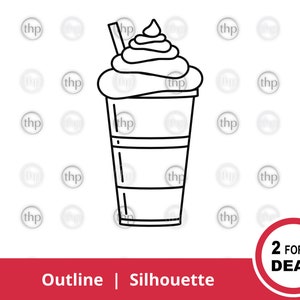 Puede incluir: Ilustración en blanco y negro de línea de un batido con crema batida y una pajita. El texto "2 POR 1 OFERTA" está en un círculo rojo.