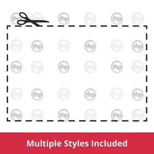 May include: A black and white illustration of a pair of scissors cutting a dashed line around a grid of circles. The circles have the text "thp" inside them. The text "Multiple Styles Included" is below the image.