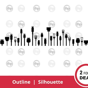Könnte beinhalten: Eine schwarz-weiße Silhouette verschiedener Kabel- und Steckertypen, darunter USB, HDMI und Ethernet. Das Bild enthält den Text "2 FOR 1 DEAL" und "Outline | Silhouette".
