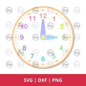 Leren klok SVG PNG - afdrukbare kinderklok, leren klokkijken, beweegbare uren- en minutenwijzer DXF-bestanden en pdf-sjablonen.