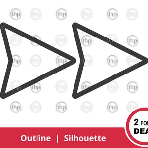 May include: Black and white outline of two arrows pointing to the right. The arrows are in a double arrow shape. The text "2 FOR 1 DEAL" is in a red circle.