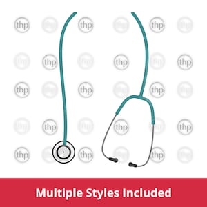 May include: Two teal blue medical stethoscopes with black accents. One stethoscope is straight and the other is bent into a traditional stethoscope shape.