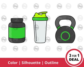 Fitnessstudio Workout SVG PNG JPG - Proteinpulver, Shaker Flasche, Kettlebell, Training, Gewichte, Sporternärung, Workout Clipart, Fitness Schnittdateien