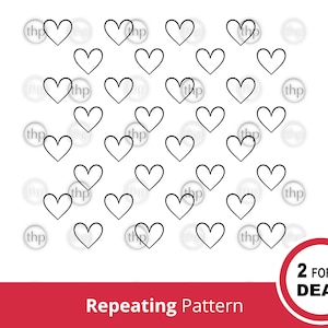 May include: A repeating pattern of black heart shapes on a white background. The text "2 FOR 1 DEAL" is in a red circle at the bottom right of the image. The text "Repeating Pattern" is at the bottom centre of the image.
