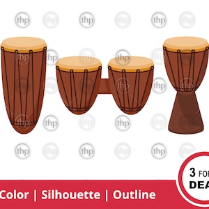 May include: Three brown wooden bongo drums with a natural wood finish. The drums are arranged in a row with the largest drum on the left and the smallest drum on the right. The drums have a brown leather head and a natural wood body.