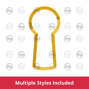 Puede incluir: Un contorno dorado de ojo de cerradura sobre un fondo blanco. El ojo de cerradura es un diseño simple y estilizado con una parte superior redondeada y una base rectangular. Las palabras "Multiple Styles Included" están en texto blanco sobre una pancarta roja.