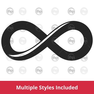 May include: A black infinity symbol with a white outline. The symbol is centered on a white background.