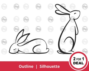 Bunny Rabbits SVG EPS PNG - Hare, Animal, Pet, Sitting, Sleeping, Set, Two, Illustration, Line Drawing, Outline, Silhouette, Rabbit Cut File