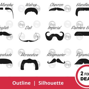 Pacote de bigodes SVG EPS PNG - Guidão, Mestre de cerimônias, Chevron, Morsa, Ferradura, FuManchu, Dali, Clipart de bigode, Arquivo de corte de bigode