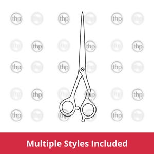 May include: A black and white line drawing of a pair of hairdressing shears.