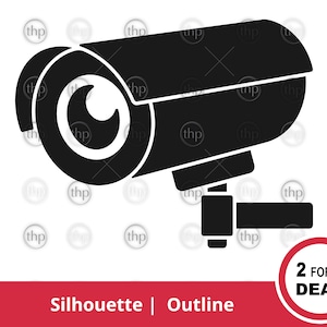 以下が含まれることがあります： レンズが付いたセキュリティカメラの白黒シルエット。カメラは壁または天井に取り付けられています。画像は2つで1つの取引の一部です。