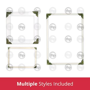 Könnte beinhalten: Drei Bilderrahmen mit dekorativen Eckakzenten. Die Rahmen sind in verschiedenen Größen und haben eine weiße oder helle Holzoberfläche. Der Text "Multiple Styles Included" befindet sich unten.