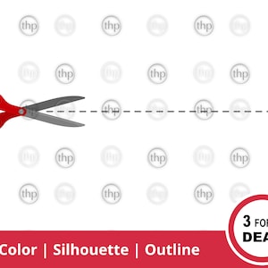 May include: Red scissors with silver blades cutting a dashed line. The text "3 FOR 1 DEAL" is in a red circle.