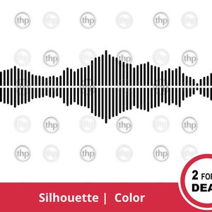 Puede incluir: Silueta en blanco y negro de un gráfico de onda sonora. El gráfico es una representación estilizada de una forma de onda de audio. El texto "2 FOR 1 DEAL" está en rojo sobre un círculo blanco con un contorno rojo.