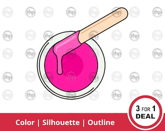 Puede incluir: Un tarro de cera rosa con un aplicador de madera. La cera gotea del aplicador al tarro. El tarro tiene un borde blanco y un contorno negro. El texto "3 FOR 1 DEAL" está en un círculo rojo.