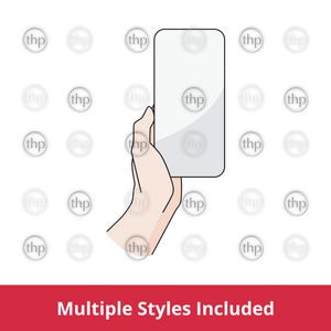 Puede incluir: Ilustración de una mano sosteniendo un teléfono inteligente en blanco con una pantalla blanca. El fondo presenta un patrón de círculos blancos con las letras "thp" en su interior. La parte inferior de la imagen tiene el texto "Multiple Styles Included" sobre un fondo rojo.