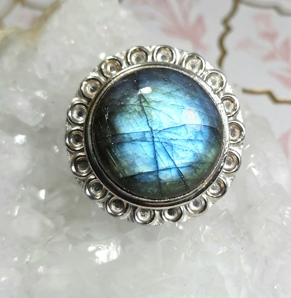 Vintage Large Labradorite Statement Ring Bezel Se… - image 1