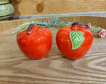 Vintage Ceramic Red Apple Salt and Pepper Shakers EC