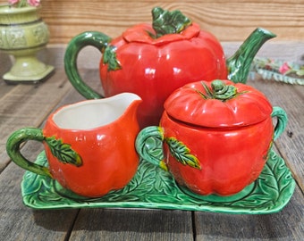 Vintage besetztes Japan Super süßes Tomaten-Tee-Set mit Tablett EC