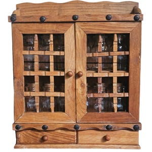 Vintage Wood Spice Rack With 12 Glass Bottles and Two Drawers