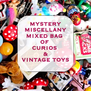 May include: A close-up of a variety of vintage toys and curios, including a small stuffed bunny, a white plastic toy, a red and white polka dot ball, and a small wooden toy. The image is labelled "MYSTERY MISCELLANY MIXED BAG OF CURIOS & VINTAGE TOYS".
