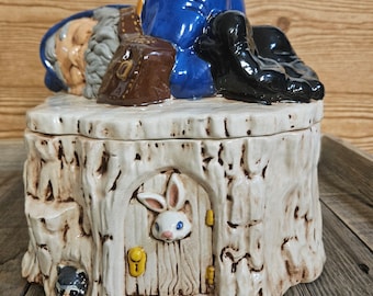 Vintage Ceramic Sleeping Gnome / Dwarf On A Tree Stump Cookie Jar Signed EC