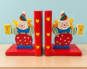 Vintage Red Clown  Wood Bookends 1980s Decor
