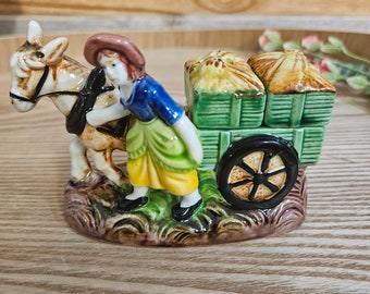 Vintage Lady Pulling Donkey And Cart Keramik Salz- und Pfefferstreuer-Set EC Japan
