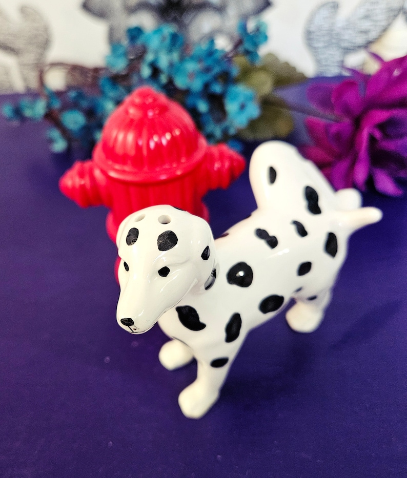 Vintage Ceramic Dalmation Dog Peeing on Fire Hydrant Salt and Pepper