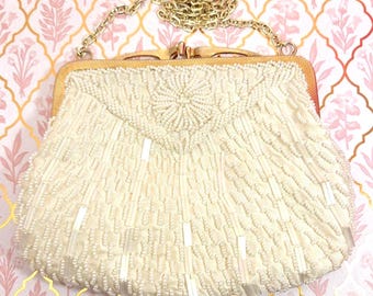 Vintage White Ivory Beaded Evening Purse
