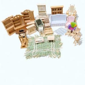 May include: A selection of miniature dollhouse furniture, including wooden cabinets, shelves, chairs, tables, and sofas. The furniture is in various styles and colours, with patterned upholstery and a green and white rug.