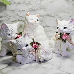 Vintage White Ceramic Cats Set Of 4