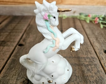 Vintage Porcelain Unicorn Figurine Decor Hand Painted EC