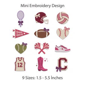 Coquette Sport Mini Stickdatei-Set, 12 Icons Patches, Tennisschläger, Footballhelm, Volleyball, Cheerleader-Pompons, DST PES Dateien