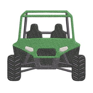 May include: An embroidered patch of a green utility terrain vehicle, or UTV, featuring a black roll cage, two black seats, and four black off-road tires. The vehicle is shown from a front-facing perspective with white headlights and a black grille.