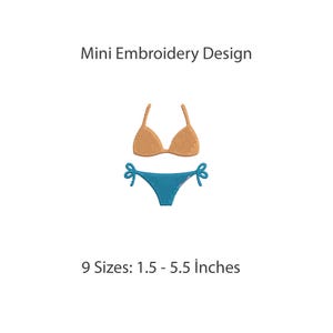 Ricamo di un mini bikini per borse, toppe e teli mare, un piccolo costume da bagno a due pezzi disponibile in 9 taglie da 1,5 a 5,5 pollici.