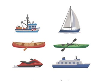 May include: Mini Embroidery Design featuring six watercraft illustrations: a blue fishing boat, a sailboat, a red canoe with a paddle, a green kayak with a paddle, a red jet ski, and a blue ferry. The text reads: Mini Embroidery Design, 9 Sizes: 1.5 - 5.5 Inches.