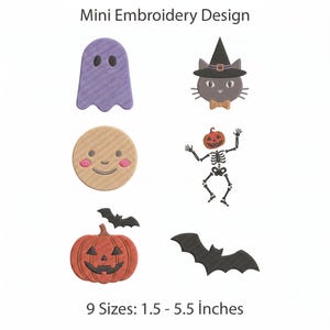 May include: Mini Embroidery Design with text. Six Halloween-themed machine embroidery patterns: a purple ghost, a cat in a witch hat, a round face, a skeleton with a pumpkin head, a jack-o'-lantern with a bat, and a bat. 9 Sizes: 1.5 - 5.5 Inches.