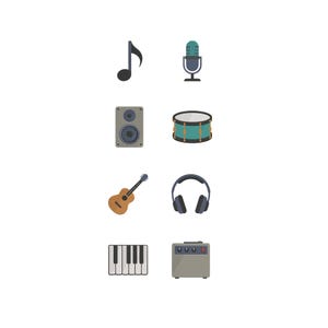 May include: A collection of musical instrument icons on a white background. Includes a black eighth note, a teal microphone, a speaker, a teal drum, a brown guitar, black headphones, a keyboard, and a gray amplifier.