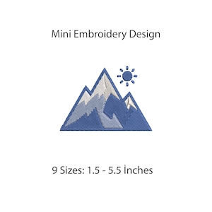 May include: A mini embroidery design featuring a blue and white mountain range with a sun icon above. The text reads Mini Embroidery Design and 9 Sizes: 1.5 - 5.5 inches. The mountain graphic uses shades of blue and white thread to create depth.