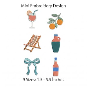 Italienska Rivieran Club Mini Broderi Design Bundle, 6 ikoner Patches, Vinglas, Orange Gren, Strandstol, DST PES Fil Digital Nedladdning