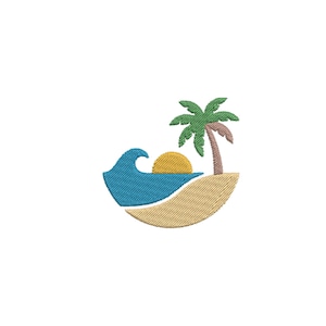 May include: An embroidered patch featuring a tropical beach scene with a blue ocean wave, a yellow sun, and a green palm tree with a brown trunk. The design is circular in shape and uses dense thread stitching to create the beach and sea elements.