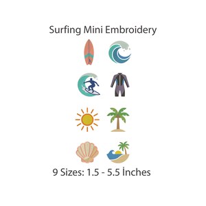 Może przedstawiać: Zestaw wzorów Surfing Mini Embroidery z ośmioma ikonami: deska surfingowa, fala, surfer, pianka, słońce, palma, muszla i plaża. Tekst zawiera napis Surfing Mini Embroidery oraz 9 Sizes: 3,8 - 14 cm.